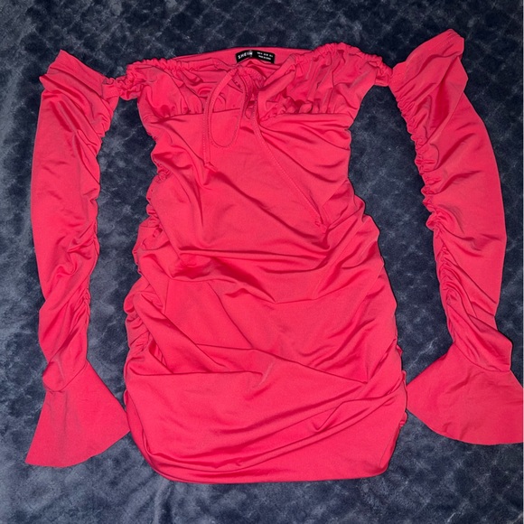 SHEIN Off Shoulder Backless Flounce Sleeve Ruched Bodycon Dress Hot Pink Medium - Picture 2 of 6